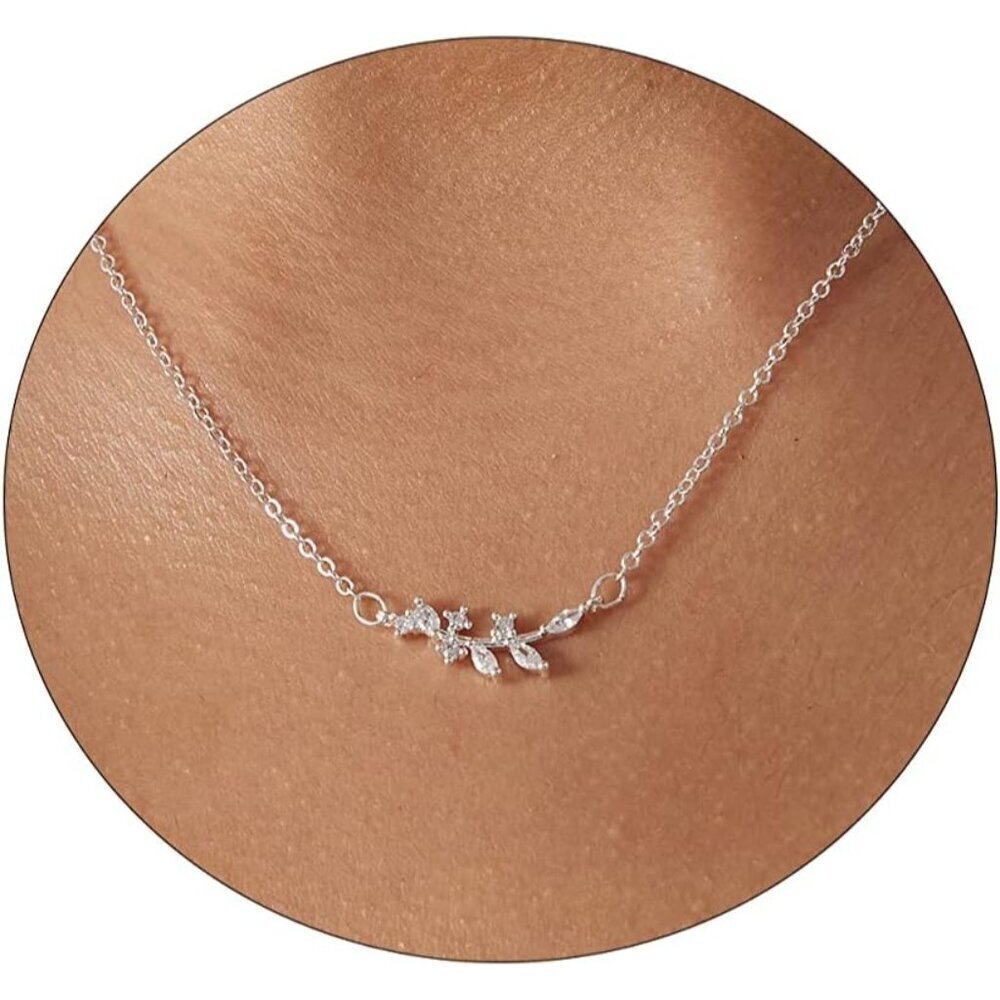 ⚡Silver CZ olive branch leaf 14k Gold Plated CZ Pendant Necklace Gold for Women